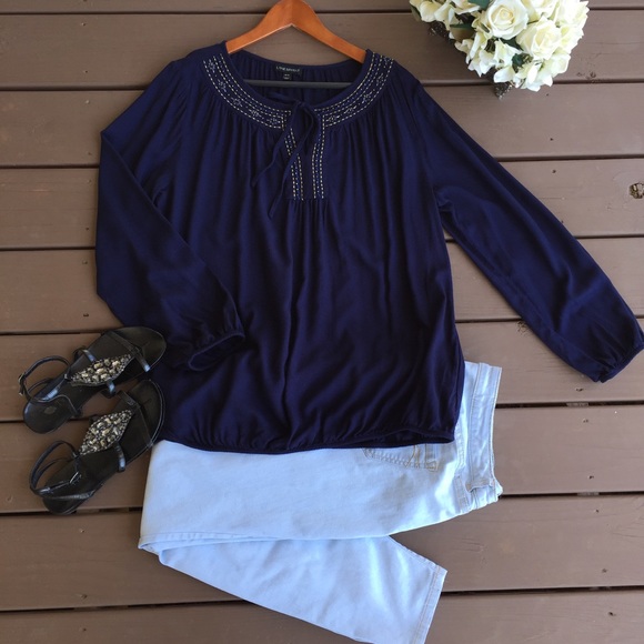 LANE BRYANT Blue Embroidered Bib Blouse - Picture 1 of 7